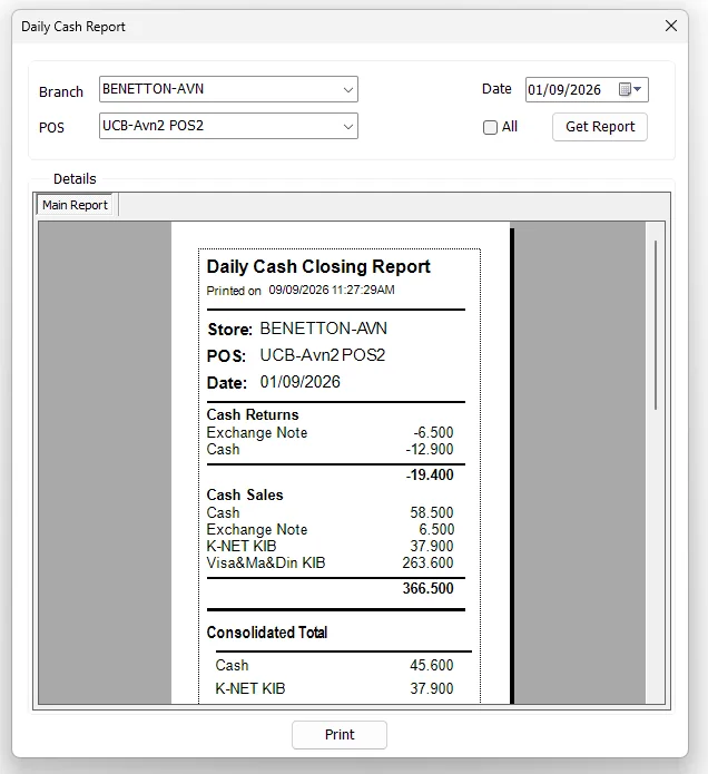 IMS Daily Cash Report for one POS terminal