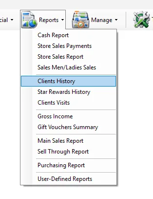 IMS Reports menu with Clients History selected