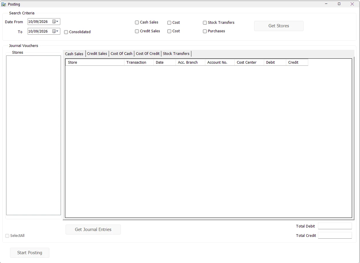 IMS Posting screen with date criteria, transaction-type checkboxes, stores and journal tabs