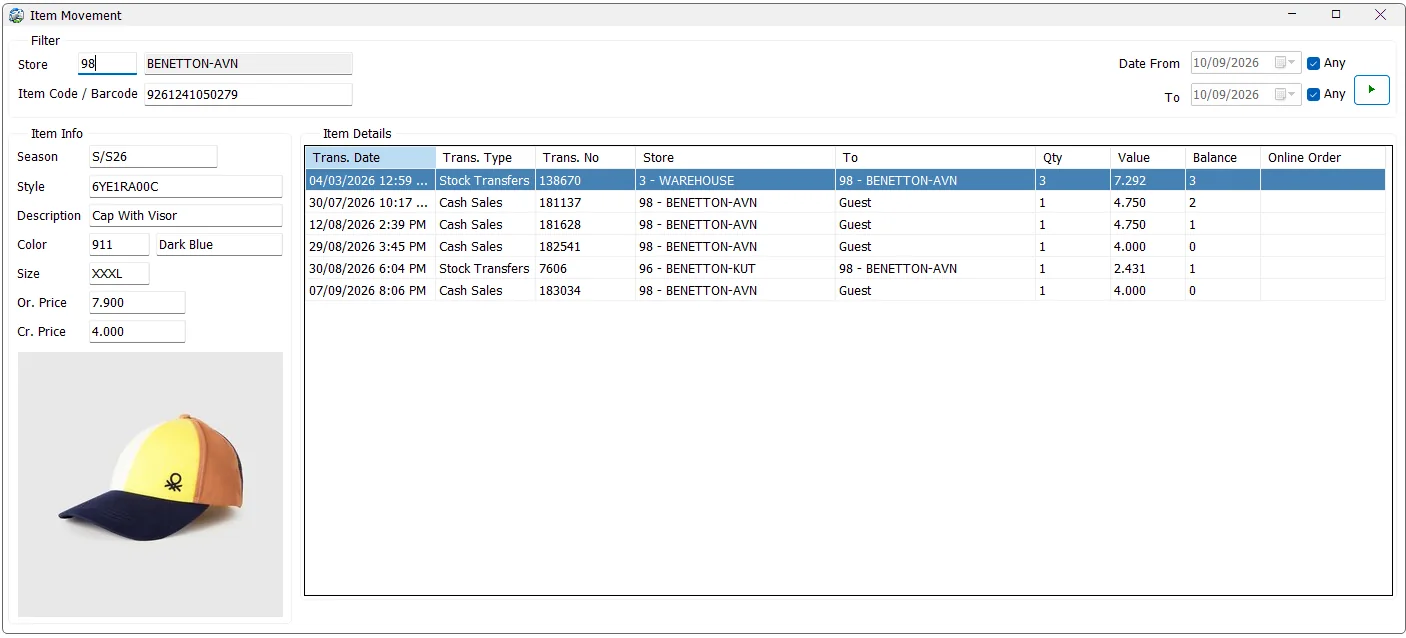 IMS Item Movement showing a selected store, item information, product image, transaction history, running balance and online order column