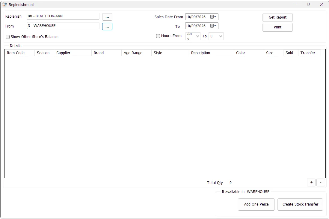 IMS Replenishment screen showing destination store, source store, sales dates, item details and Create Stock Transfer