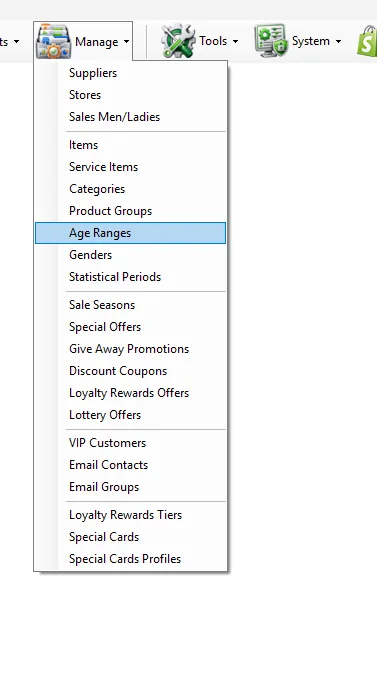 IMS Manage menu with Age Ranges selected