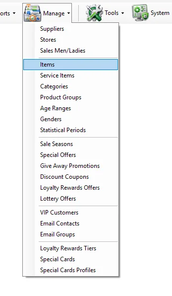 IMS Manage menu with Items selected
