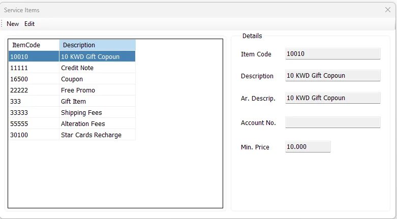 IMS Service Items screen showing service item list and details