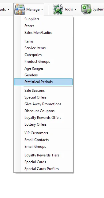 IMS Manage menu with Statistical Periods selected