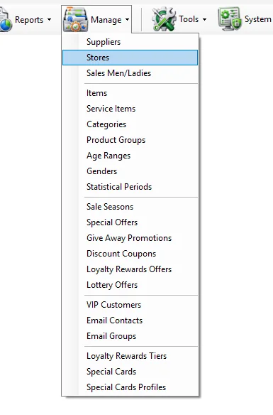 IMS Manage menu with Stores selected