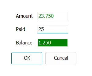 IMS Cash Payment Calc showing Amount, Paid and Balance