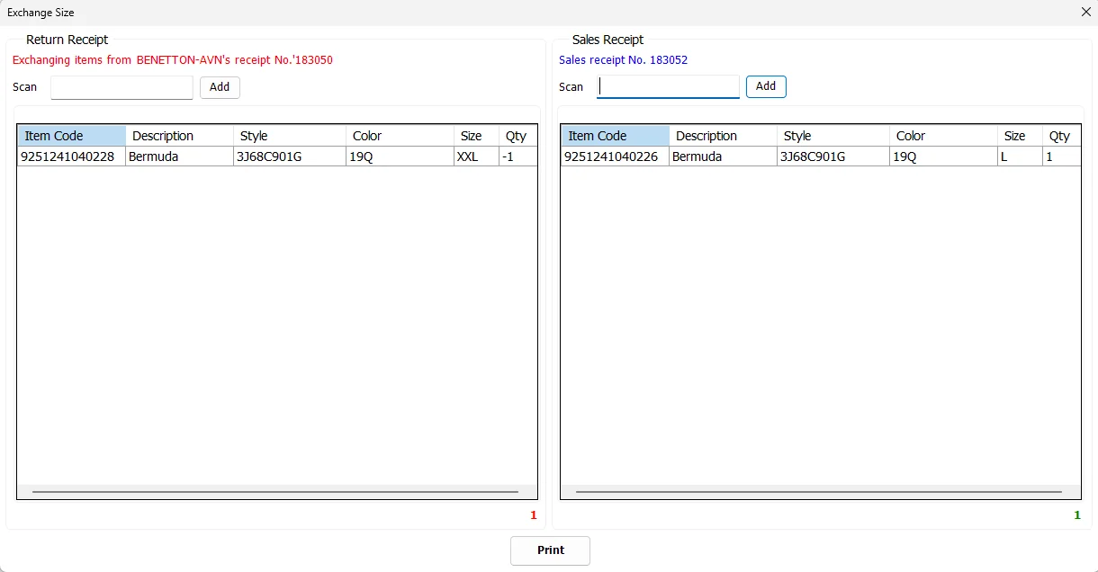 IMS Exchange Size screen showing the original item being returned on the left and a replacement size being sold on the right