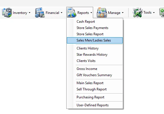 IMS Reports menu showing Sales Men/Ladies Sales