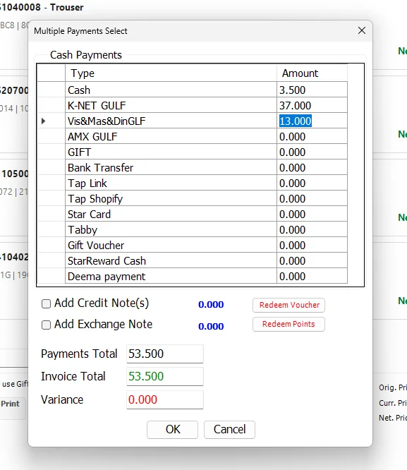IMS Multiple Payments Select window with cash, K-NET and card amounts, Credit Note and Exchange Note options, Redeem Voucher, Redeem Points, totals and variance