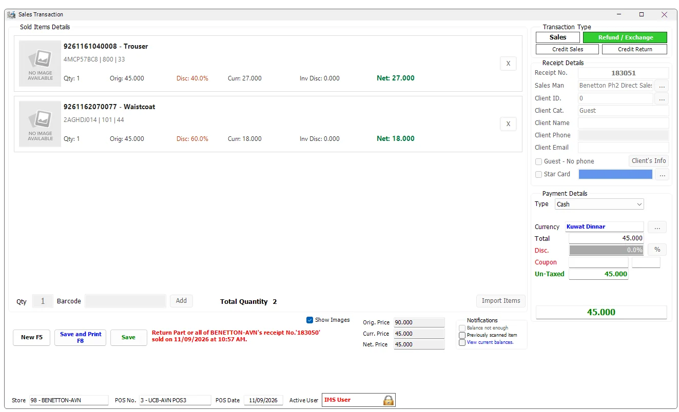 IMS Sales Transaction screen in Refund and Exchange mode with two items loaded from the original receipt