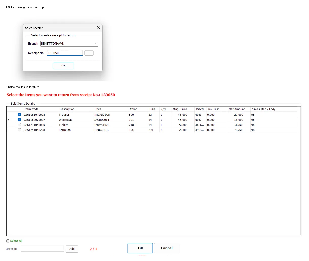 IMS refund workflow showing selection of the original sales receipt followed by selection of the specific items to return