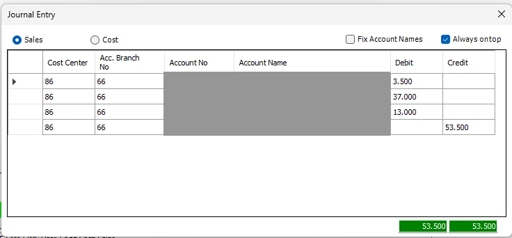 IMS Journal Entry viewer showing a balanced Sales journal with internal account details obscured
