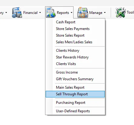 IMS Reports menu with Sell Through Report selected