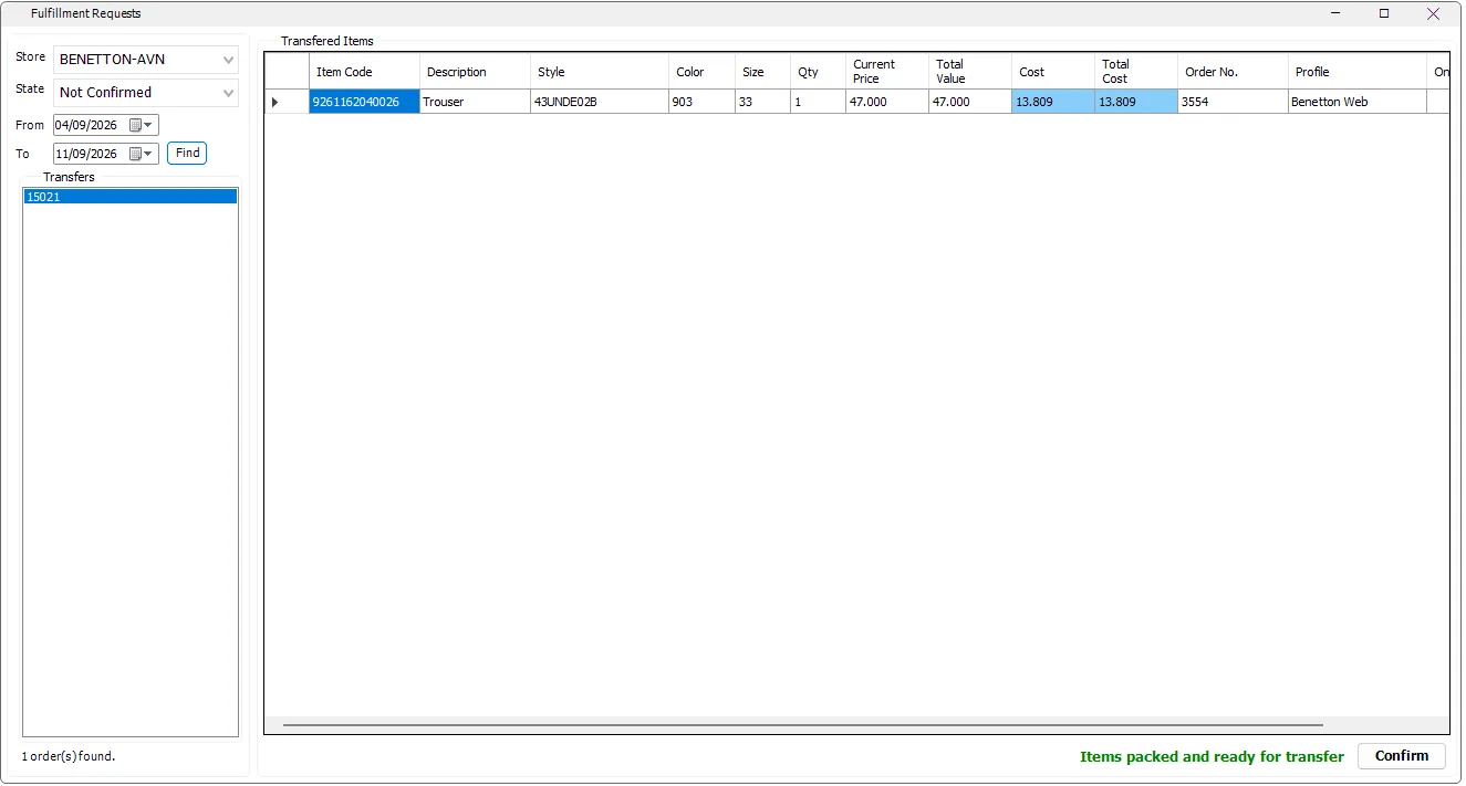Fulfillment Requests screen showing Store, confirmation state, transfer list and transferred items