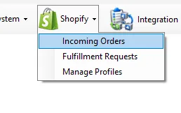 IMS Shopify menu showing Incoming Orders, Fulfillment Requests and Manage Profiles