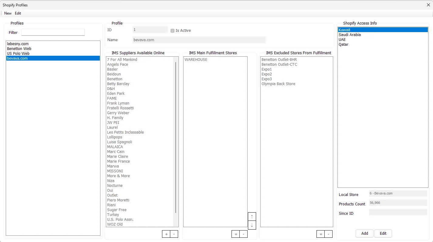 Shopify Profiles screen with profile, online suppliers, main fulfillment stores, excluded stores and Shopify access information