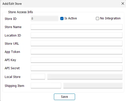 Add Edit Store dialog for Shopify Store Access showing URL, credentials, local Store and shipping item