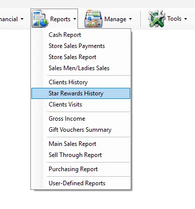 IMS Reports menu with Star Rewards History selected