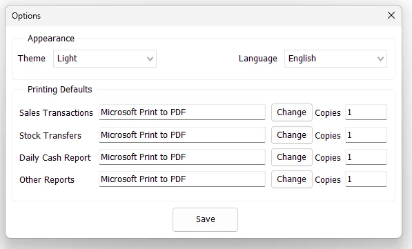 IMS Options screen showing Theme, Language and Printing Defaults