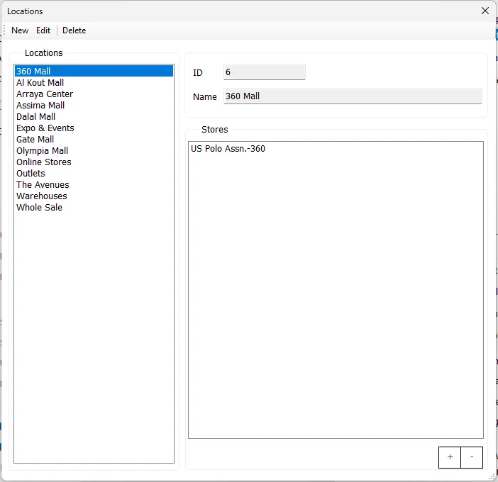 IMS Locations screen showing named locations and the stores assigned to a selected location