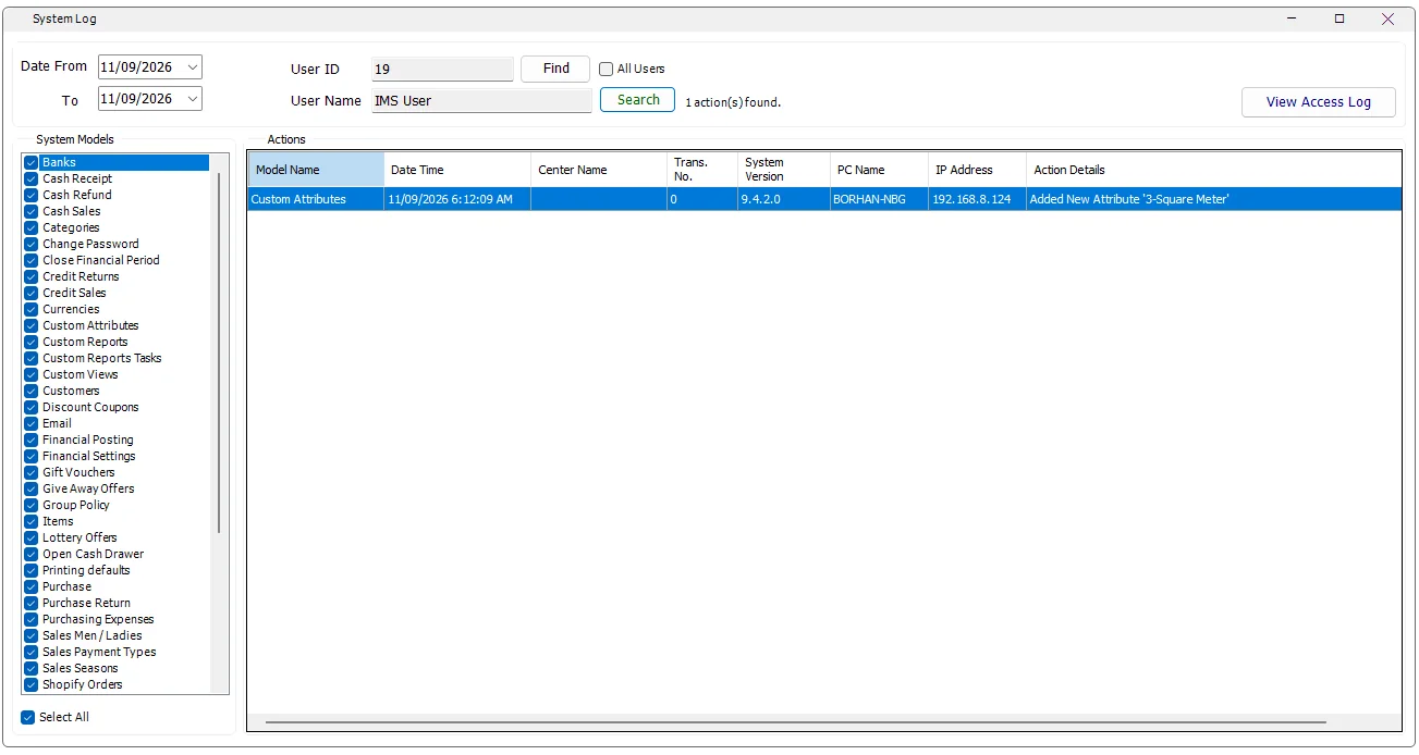 IMS Users Activity System Log screen with date, user, system-module filters and action history