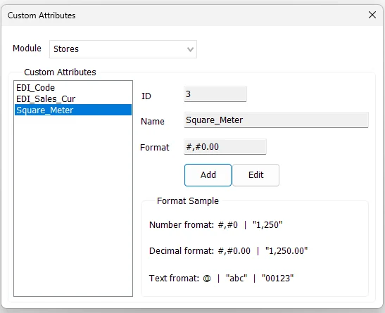 IMS Custom Attributes screen showing Store attributes and format samples