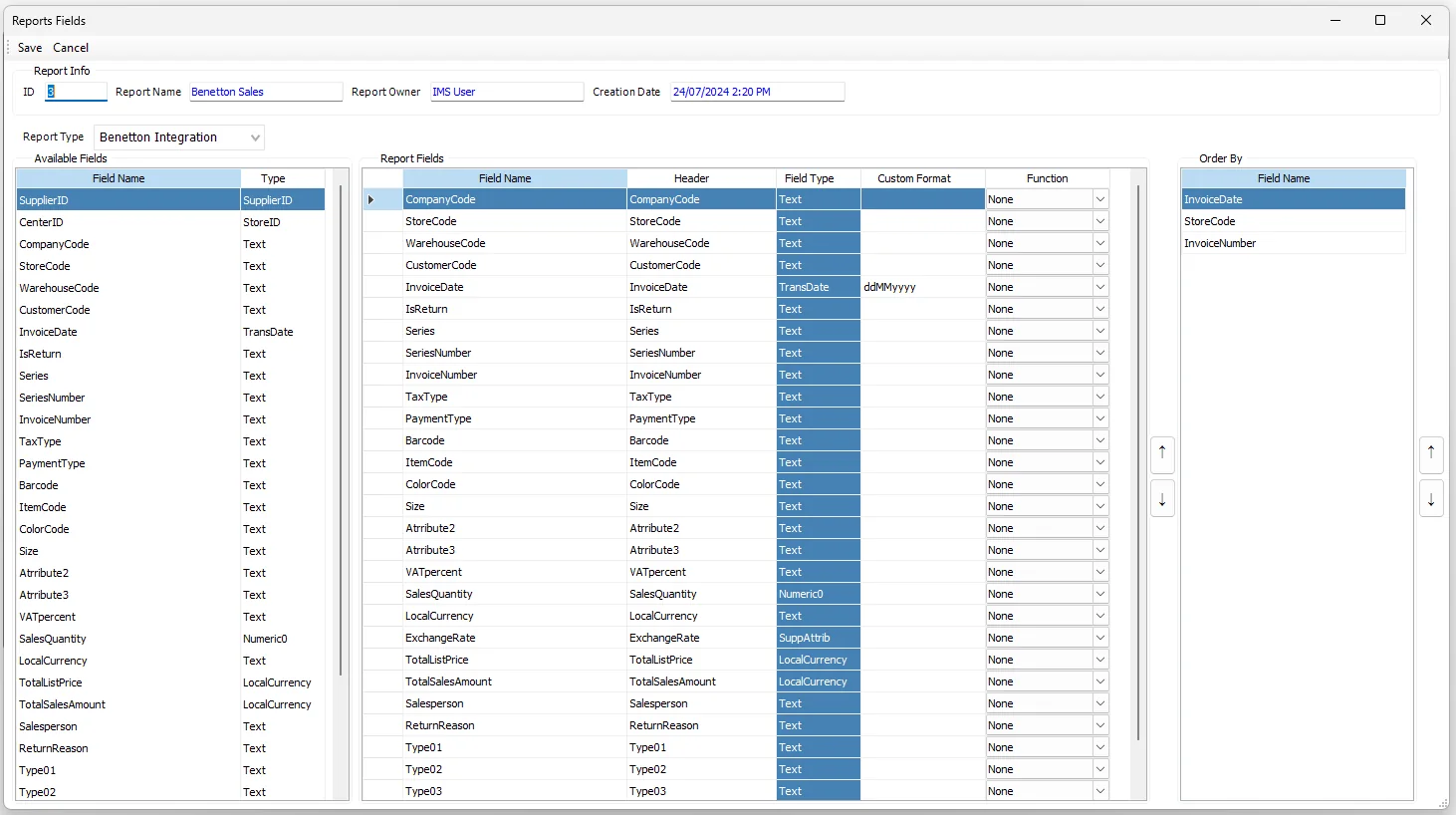 IMS Reports Fields screen with Available Fields, selected Report Fields and Order By