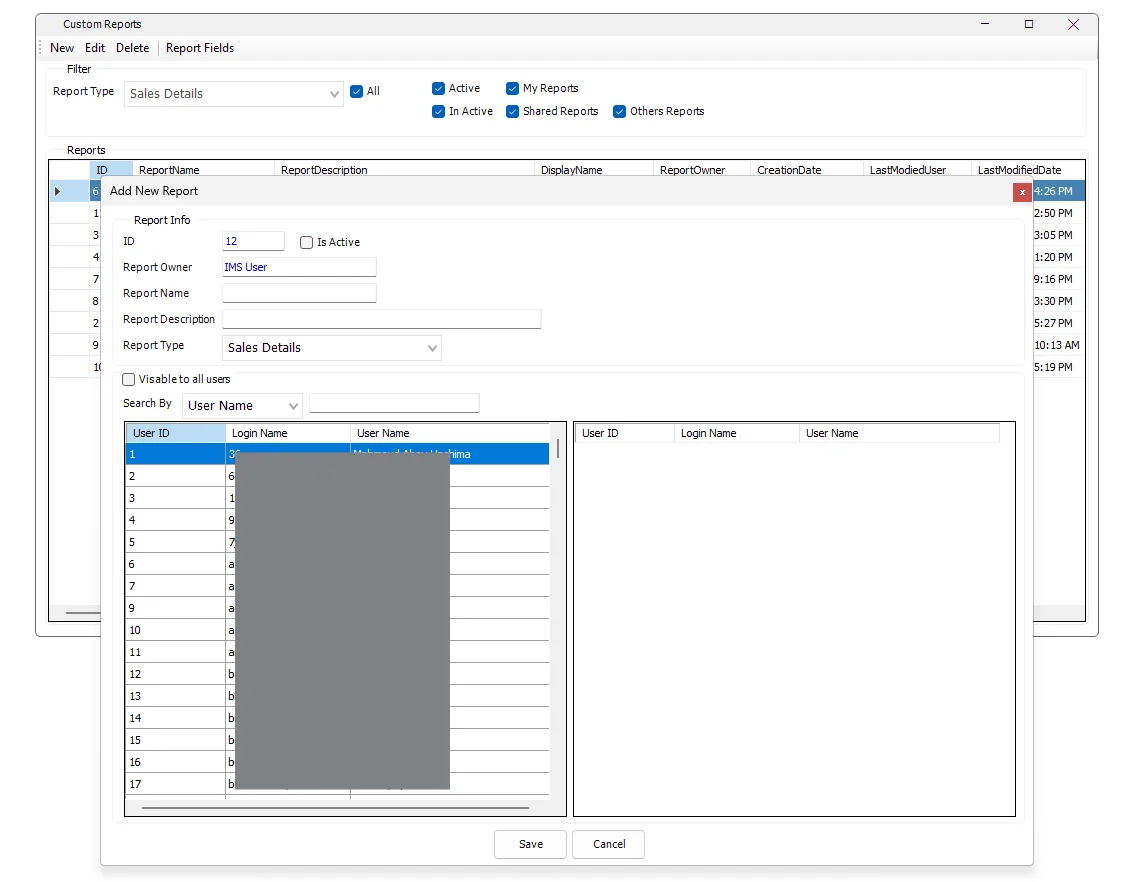 IMS Custom Reports screen with New Report window and user access selection