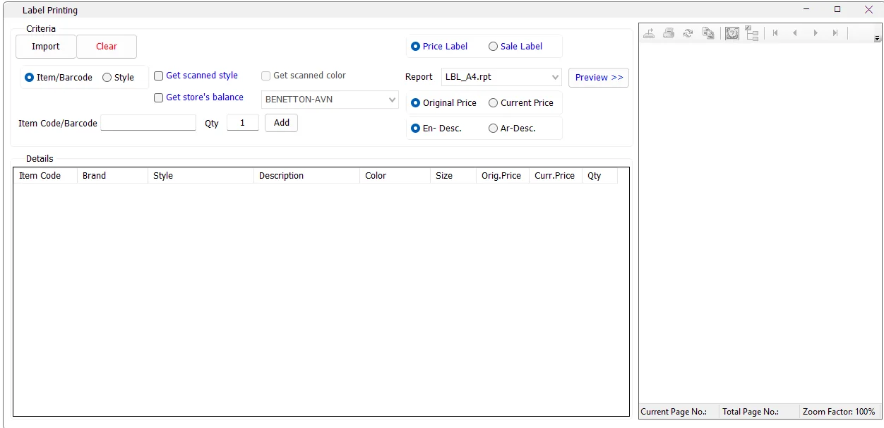 IMS Label Printing screen showing criteria, label details and Crystal Reports preview