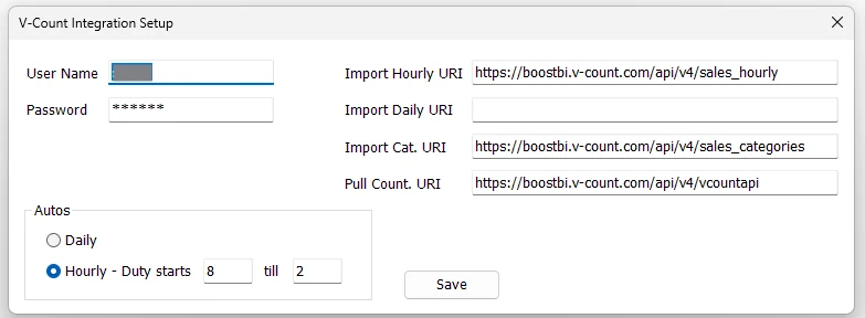 V-Count Integration Setup screen